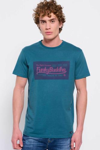 Funky Buddha ανδρικό βαμβακερό T-shirt με squared logo print μπροστά - FBM007-326-04 Πετρόλ M